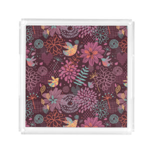 Abstract floral pattern with birds acrylic tray