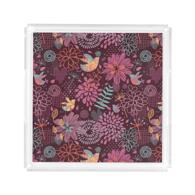 Abstract floral pattern with birds acrylic tray (Front)
