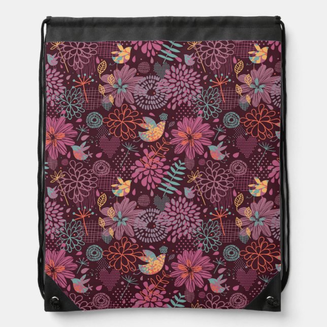 Abstract floral pattern with birds drawstring bag (Front)