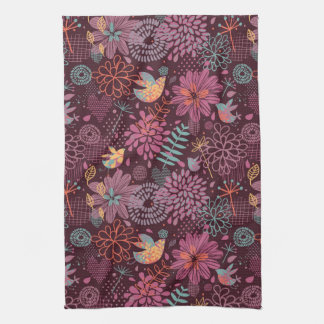Abstract floral pattern with birds kitchen towel