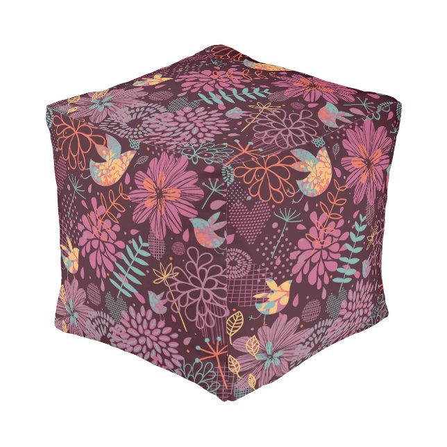 Abstract floral pattern with birds pouf (Angled Front)