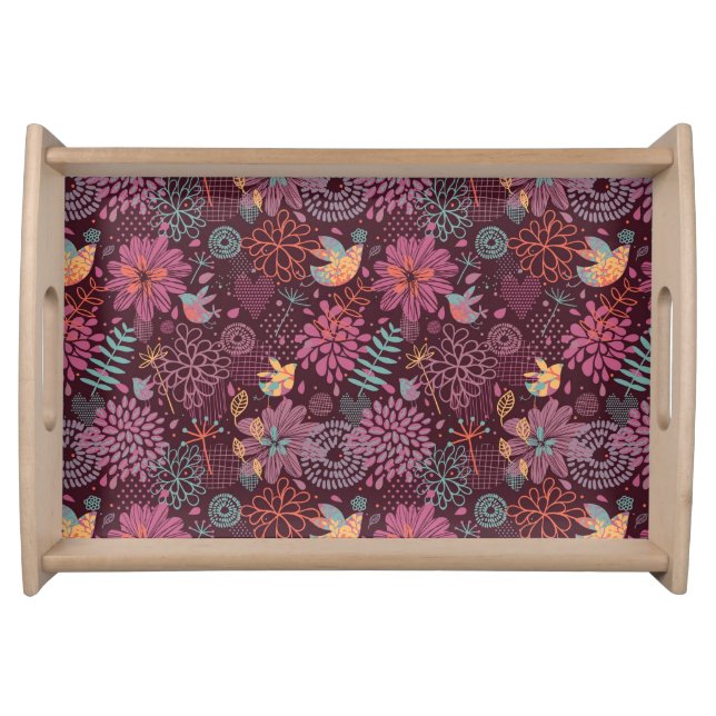 Abstract floral pattern with birds serving tray (Front)