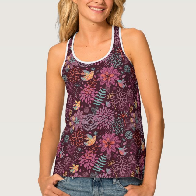 Abstract floral pattern with birds tank top (Front)