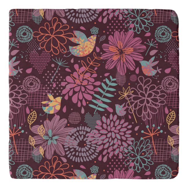 Abstract floral pattern with birds trivet (Front)