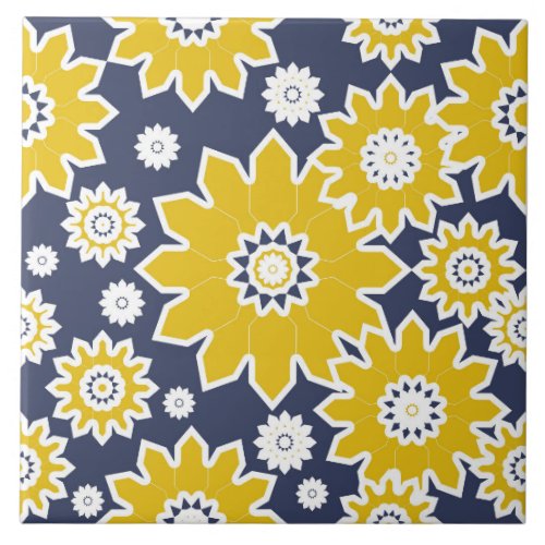 Abstract floral pattern yellow white blue ceramic tile