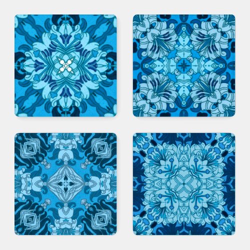 Abstract Floral Patterns in Denim Blue Coaster Set