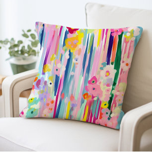 Abstract Floral Pillow, Bright Colorful Flowers Throw Pillow
