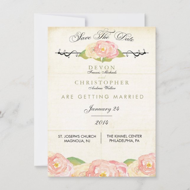 Abstract Floral Pink & Cream Save The Date Card (Front)