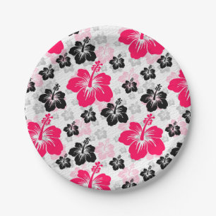Abstract Floral Red Black White Paper Plates