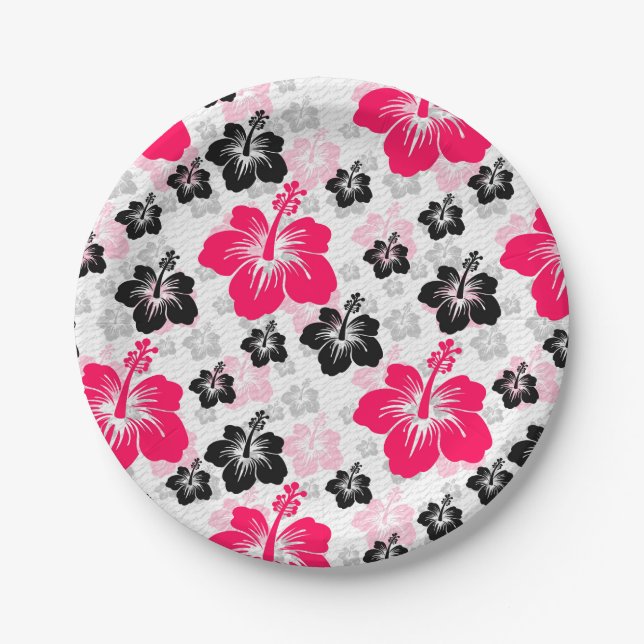 Abstract Floral Red Black White Paper Plates (Front)