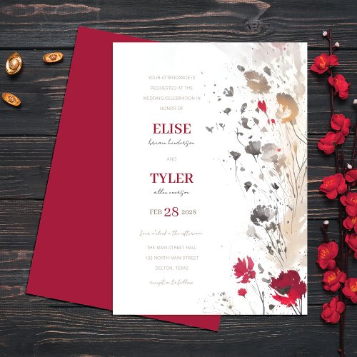 Abstract Floral Red Earth Tone Wedding Invitation