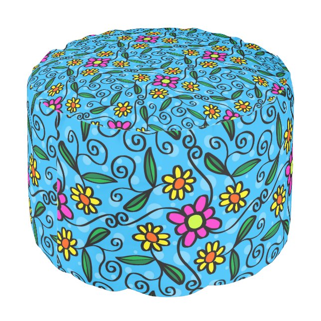 Abstract Floral Round Pouf (Angled Back)
