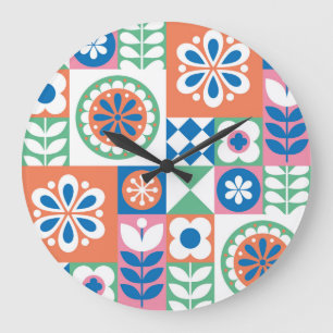 Abstract Floral, Scandinavian Folk Design. Large Clock
