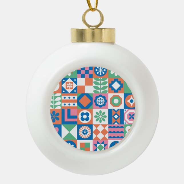 Abstract Floral Scandinavian Folk Pattern Ceramic Ball Christmas Ornament (Front)