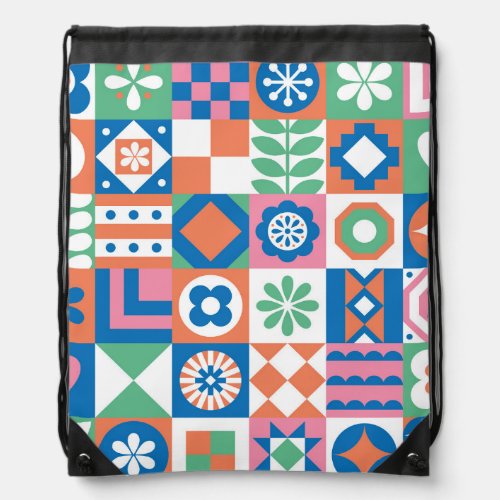 Abstract Floral Scandinavian Folk Pattern Drawstring Bag
