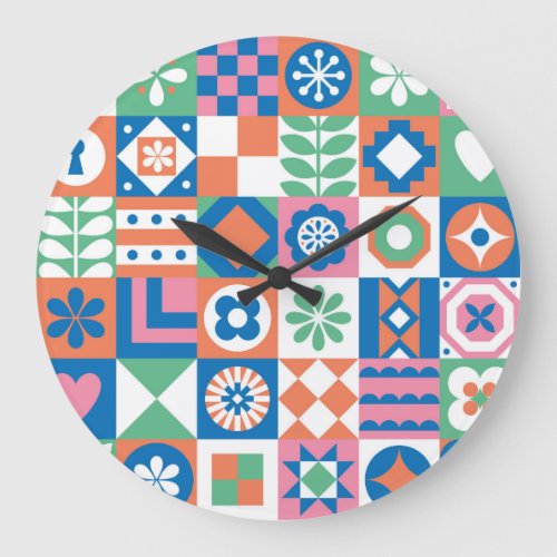 Abstract Floral Scandinavian Folk Pattern Large Clock