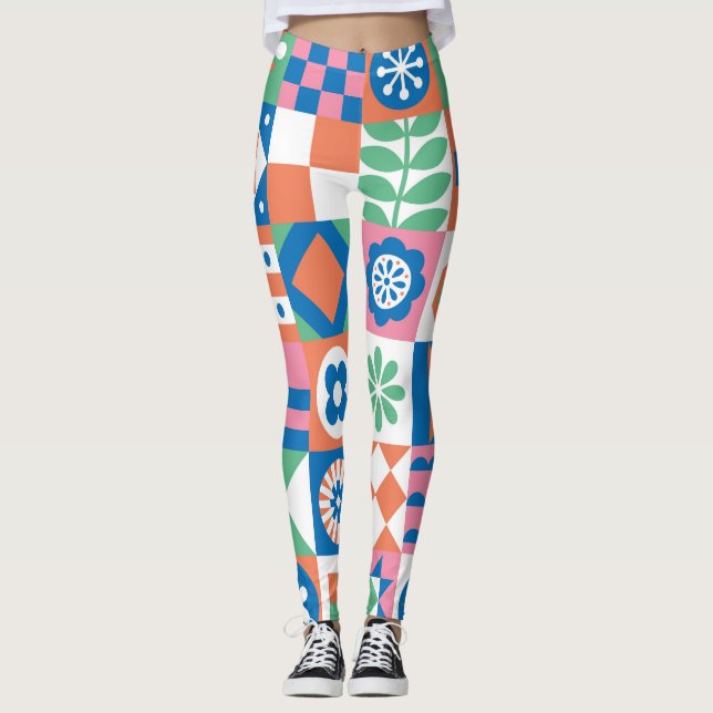 Abstract Floral Scandinavian Folk Pattern Leggings (Front)