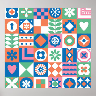 Abstract Floral Scandinavian Folk Pattern Poster