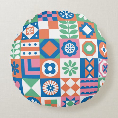 Abstract Floral Scandinavian Folk Pattern Round Pillow