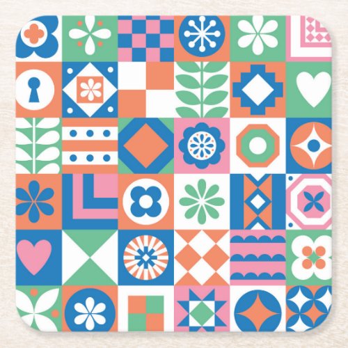 Abstract Floral Scandinavian Folk Pattern Square Paper Coaster