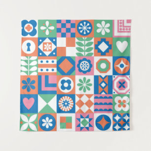 Abstract Floral Scandinavian Folk Pattern Tapestry