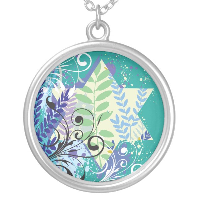 ABSTRACT FLORAL STAR Bat Mitzvah Keepsake Memory Silver Plated Necklace (Front)