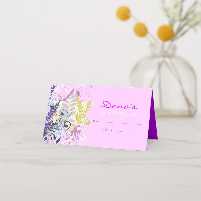 ABSTRACT FLORAL STAR Bat Mitzvah Seating Escort Place Card (Front)