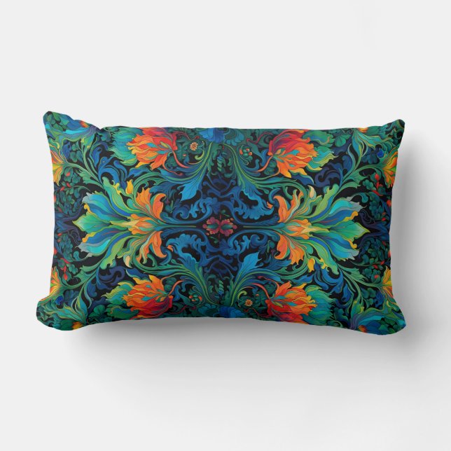 Abstract Floral Swirl Tapestry Bold Vivid Colorful Lumbar Pillow (Front)