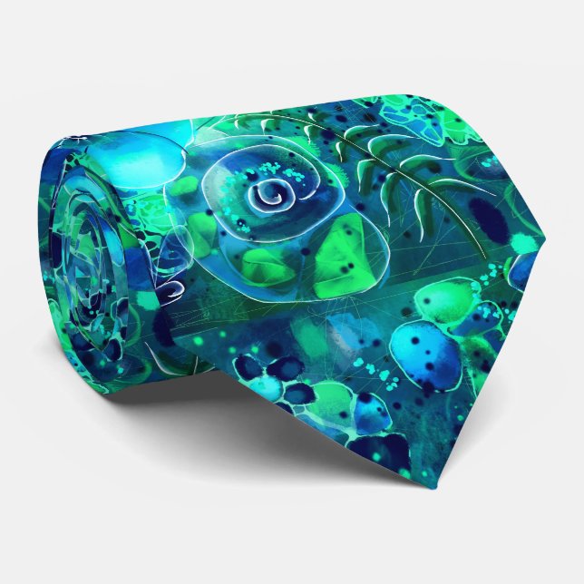 Abstract Floral Teal Blue Green Botanical Leaves Neck Tie (Rolled)