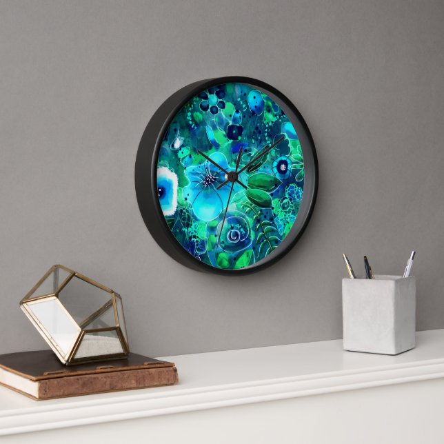 Abstract Floral Teal Blue Green Flower Flowers  Clock (Office)