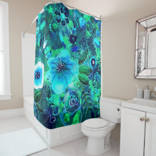 Abstract Floral Teal Blue Green Flower Flowers Shower Curtain