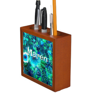 Abstract Floral Teal Blue Green Personalized Desk Organizer