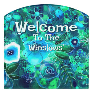Abstract Floral Teal Blue Green Personalized Door Sign