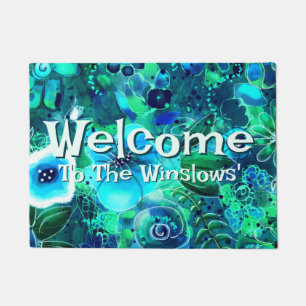 Abstract Floral Teal Blue Green Personalized Doormat