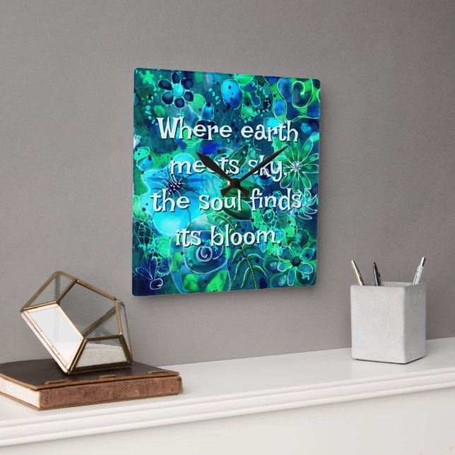 Abstract Floral Teal Blue Green Personalized Square Wall Clock (Office)