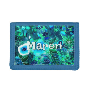 Abstract Floral Teal Blue Green Personalized Trifold Wallet