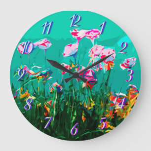 Abstract floral teal pink purple green large clock