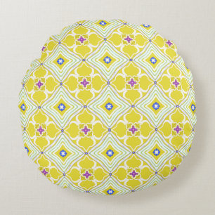 Abstract Floral Tile Decorative Pattern on Yellow Round Pillow