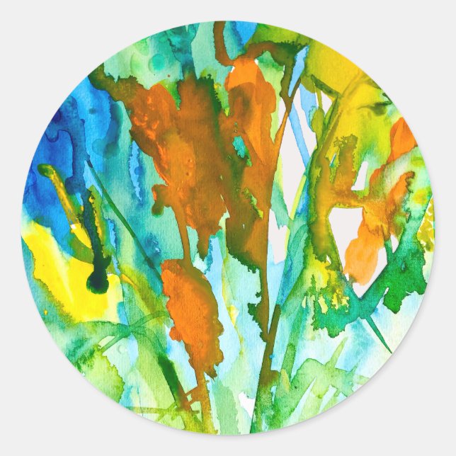 Abstract floral watercolor art classic round sticker (Front)