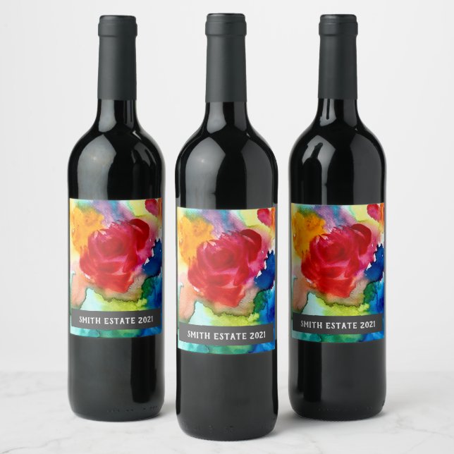 Abstract floral watercolor art wine label (Bottles)