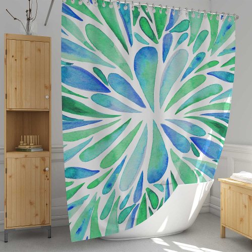 Abstract floral watercolor burst aqua and blue shower curtain