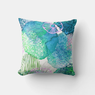 Abstract floral watercolor modern teal green blue throw pillow