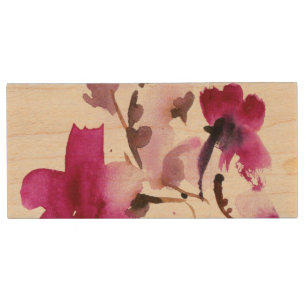 Abstract floral watercolor paintings 4 wood flash drive