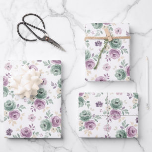 Abstract Floral Watercolor Teal Mauve Beige Wrapping Paper Sheets