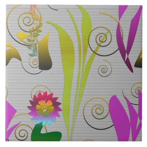 Abstract Floral with Spirals 2 Ceramic Tile