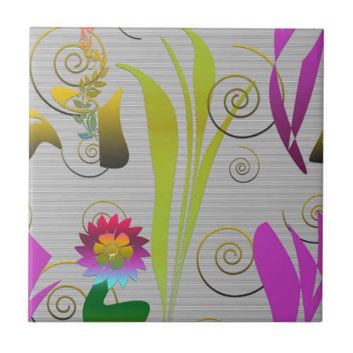 Abstract Floral with Spirals 2 Ceramic Tile