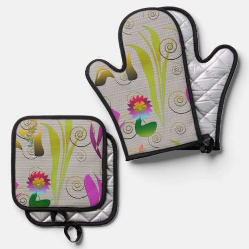 Abstract Floral with Spirals 2 Oven Mitt  Pot Holder Set