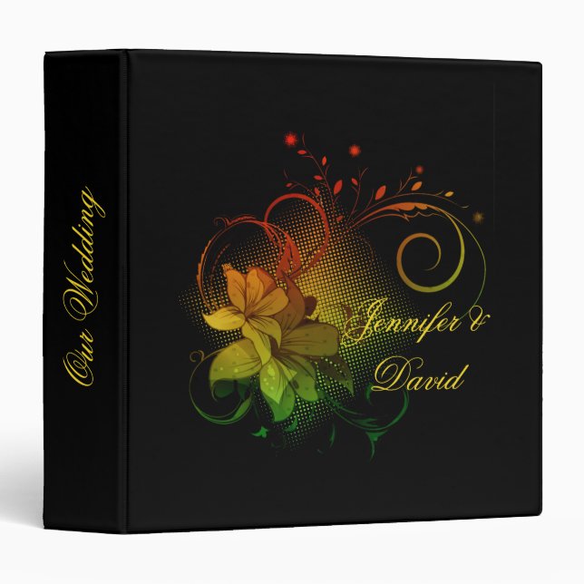 Abstract Florals on Black Wedding Album Binder (Front/Spine)