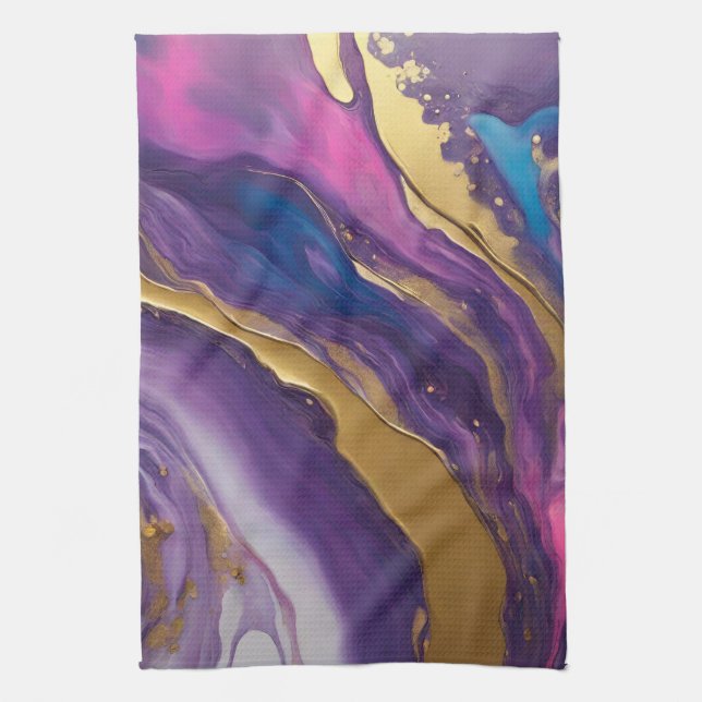 Abstract-Flow Art-Blue Pink Purple and Gold- Kitchen Towel (Vertical)