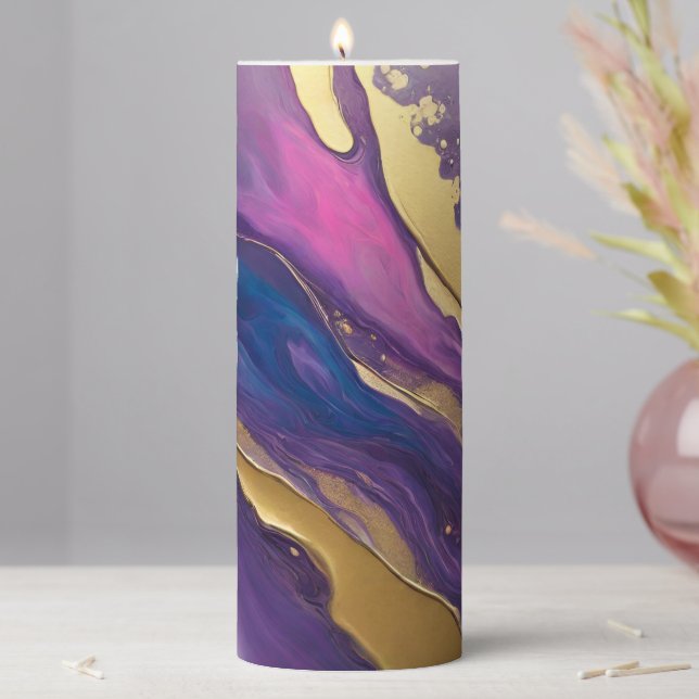 Abstract-Flow Art-Blue Pink Purple and Gold- Pillar Candle (In Situ)